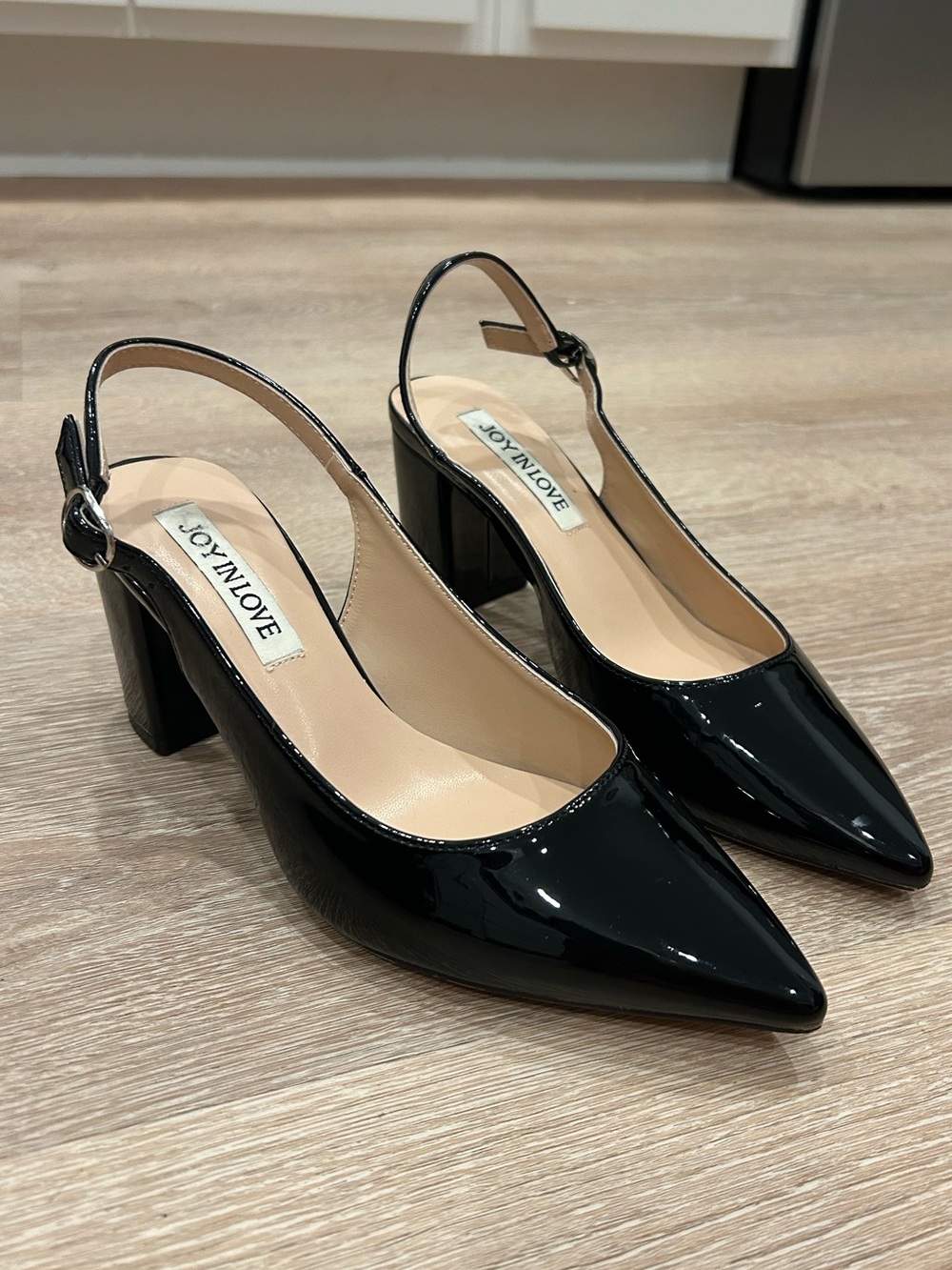 Black Pointed Toe Slingback Block Heels - Size 6